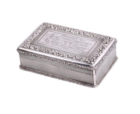 A VICTORIAN SILVER RECTANGULAR SNUFF BOXEDWARD EDWARDS II, LONDON 1846With chased floral borders and engine turned sides, the