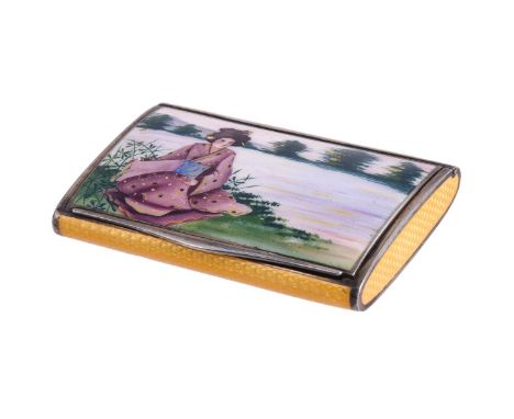 AN AUSTRIAN SILVER AND ENAMEL BOX1872 - 1922 .800 STANDARDThe cover painted with a seated Japanese lady by a river, the body 