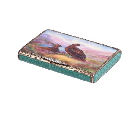 A SILVER AND ENAMEL RECTANGULAR BOXP. H. VOGEL & CO., IMPORT MARK FOR LONDON 1928The cover painted with two red grouse, the b