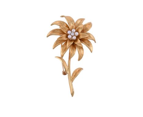 TIFFANY & CO., A DIAMOND AND CULTURED PEARL FLOWER BROOCHThe flower head with textured petals and centred with a diamond and 