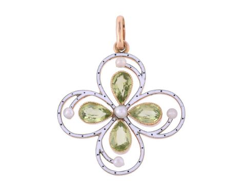 AN EDWARDIAN PERIDOT, SEED PEARL AND ENAMEL PENDANT CIRCA 1910The pierced quatrefoil pendant with four pear cut peridots with