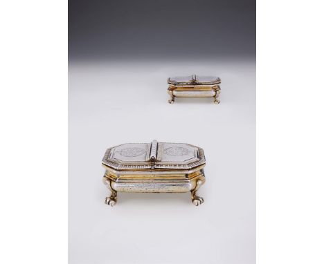 A PAIR OF GEORGE III SILVER GILT TABLE SPICE BOXESPAUL STORR, LONDON 1797With twin hinged covers, engraved with an armorial, 