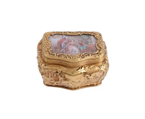 A 19TH CENTURY FRENCH GOLD AND ENAMEL BOX1838 - 1919 .750 MARKThe cover inset with an enamel interior scene, chased with foli