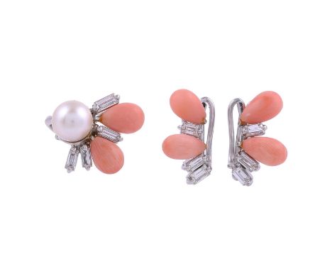 Y A CORAL, DIAMOND AND CULTURED PEARL RING AND EAR CLIP SUITEThe ring with a cultured pearl beside a spray of baguette cut di