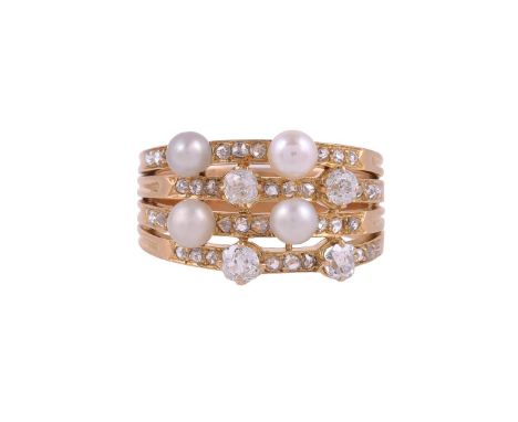 AN EARLY 20TH CENTURY DIAMOND AND PEARL DRESS RINGThe four rows set with rose cut diamonds and pearl and old cut diamond acce