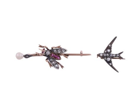 TWO LATE VICTORIAN BROOCHESThe first an insect bar brooch, with rose cut diamond wings, and ruby set abdomen and eyes, to a p