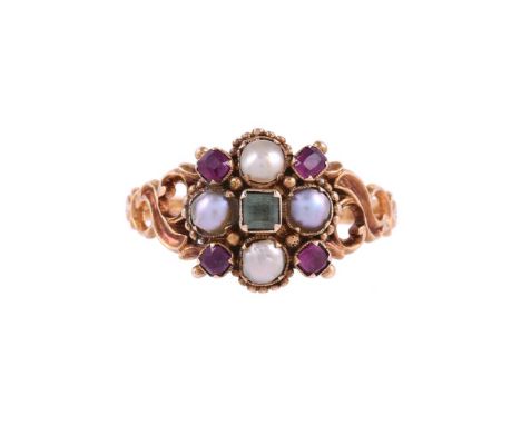 A 15 CARAT GOLD VICTORIAN RUBY, EMERALD AND HALF PEARL CLUSTER RING BIRMINGHAM 1893The cluster with a central step cut emeral