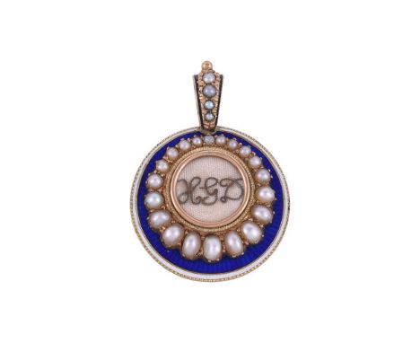 A 19TH CENTURY HALF PEARL LOCKET PENDANTThe circular pendant with blue enamel ground and white enamelled border, with a glaze