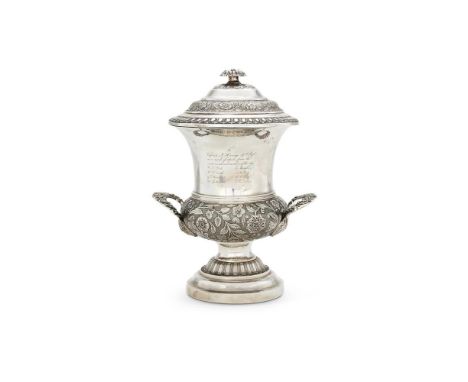 AN INDIAN COLONIAL TROPHY CUP AND COVERTWENTYMAN & CO., CALCUTTA CIRCA 1835With a foliate finial to the ogee domed cover, cha