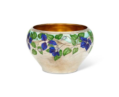λ A SILVER AND ENAMEL BOWLJANE SHORT, LONDON 2009Enamelled and engraved with a band of purple clematis to a textured ground17