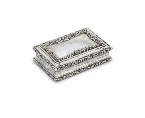 A WILLIAM IV SILVER RECTANGULAR SNUFF BOXNATHANIEL MILLS, BIRMINGHAM 1834Chased with floral borders and engine turned sides, 