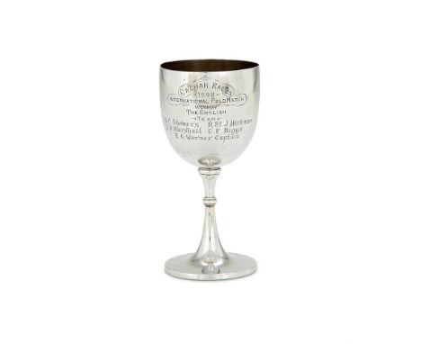 AN INDIAN COLONIAL SILVER GOBLET HAMILTON & CO., CIRCA 1898Engraved 'Cachar Races 1898 International polo match won by The En