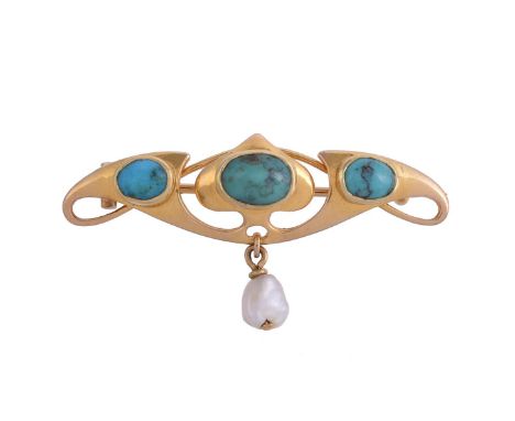 MURRLE BENNETT & CO., A TURQUOISE AND FRESHWATER PEARL BROOCH CIRCA 1910The curving whiplash panel set with a trio of oval ca