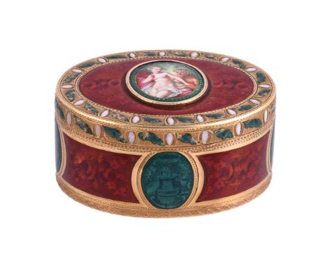 A 19TH CENTURY GERMAN GOLD AND ENAMEL BOXPROBABLY HANAUThe cover with an enamelled bead and foliate border, red translucent e