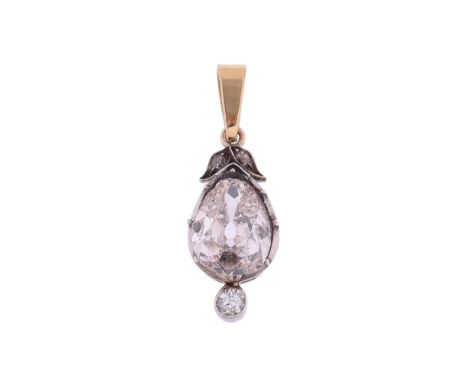 A DIAMOND PENDANTThe pear cut diamond weighing 1.98 carats, in a cut down collet setting, with an old brilliant cut diamond b