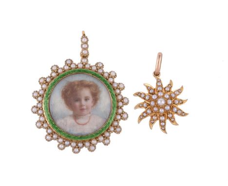 AN EDWARDIAN HALF SEED PEARL AND ENAMELLED MINIATURE LOCKET PENDANT AND AN EDWARDIAN SEED PEARL STAR PENDANTCIRCA 1910The loc