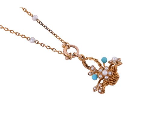 AN EDWARDIAN PEARL AND TURQUOISE GIARDINETTO PENDANT ON CHAIN CIRCA 1910The woven wirework basket with half pearl and seed pe