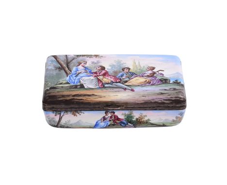 A STAFFORDSHIRE ENAMEL RECTANGULAR BOX AND HINGED COVER18TH CENTURYDecorated with courting couples, the interior with archway