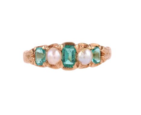 A VICTORIAN EMERALD, HALF PEARL AND CULTURED PEARL RING CIRCA 1890The three graduated step cut emeralds with canted corners, 