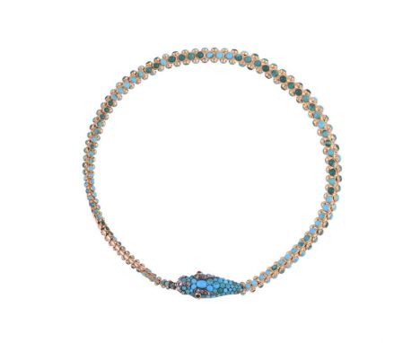 A MID VICTORIAN SERPENT NECKLACE CIRCA 1870The graduated articulated serpent link necklace set with circular cabochon turquoi