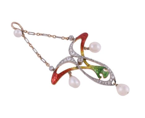 AN ART NOUVEAU DIAMOND, ENAMEL AND PEARL PENDANT CIRCA 1910The pearl set bale with two colour fancy belcher link chains suspe