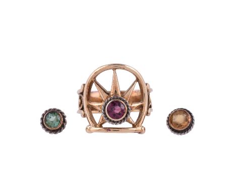 WILLIAM THOMAS PAVITT, AN ARTS AND CRAFTS TALISMAN DRESS RING WITH INTERCHANGEABLE STONE ACCENTSCIRCA 1910The front panel wit