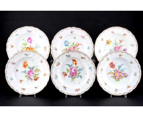 Richard Klemm Dresden Blumendekor 6 Suppenteller, soup plates,Porzellan, blaue Bodenmarke, Dekor Blumenmalerei mit feinem Gol