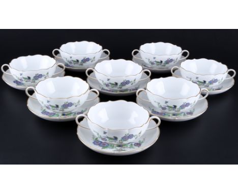 Meissen Indische Fels-, Blumen und Vogelmalerei 8 Suppentassen 1.Wahl, soup cups 1st choice,16-teiliges Porzellan, blaue Schw