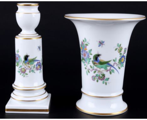 Meissen Indische Fels-, Blumen und Vogelmalerei Vase und Kerzenständer 1.Wahl, vase and candlestick 1st choice,Porzellan, bla