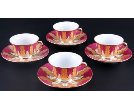 Meissen Purpur Akanthusblatt 4 Mokkatassen 1.Wahl, mocha coffee cups with saucers,Porzellan, blaue Schwertermarke 1. Wahl, De