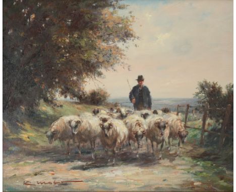 Karl Moor (1904-1991) Schäfer mit Schafherde, shepherd with flock of sheep,Öl/Leinwand, u. rechts signiert K. Moor, Schäfer m