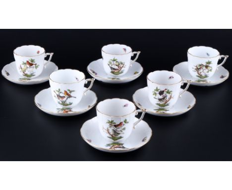 Herend RO Rothschild 6 Kaffeetassen, coffee cups with saucers,12-teiliges Porzellan, Ungarn 20. Jahrhundert, blaue Bodenmarke