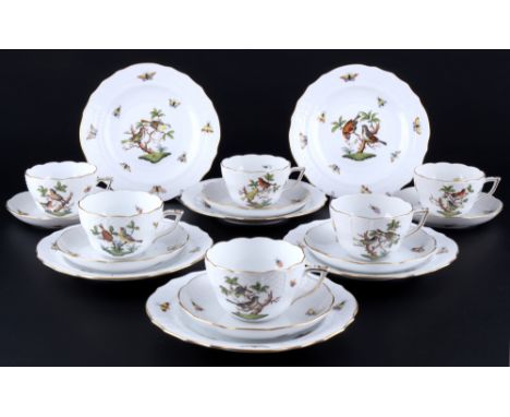 Herend RO Rothschild 6 Kaffeegedecke, coffee cups with saucers and dessert plates,18-teiliges Porzellan, Ungarn 20. Jahrhunde