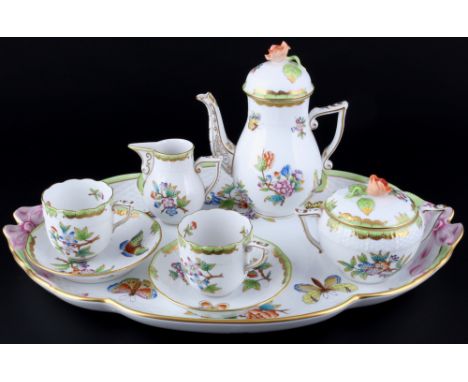 Herend VBO Queen Victoria Mokkaservice Dejeuner, mocha coffee set,8-teiliges Porzellan, Ungarn 20. Jahrhundert, blaue Bodenma