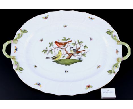 Herend RO Rothschild riesige Henkelplatte L 52,5 cm, huge handled platter,Porzellan, Ungarn 20. Jahrhundert, blaue Bodenmarke
