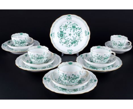 Meissen Indisch Grün Reich 5 Kaffeegedecke 1. Wahl, coffee cups 1st choice, 15-teiliges Porzellan, blaue Schwertermarke 1. Wa