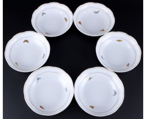 Meissen Vogelmalerei 6 Schälchen / UT 1.Wahl, bowls / saucers 1st choice,Porzellan, blaue Schwertermarke 1. Wahl, Dekor Vogel