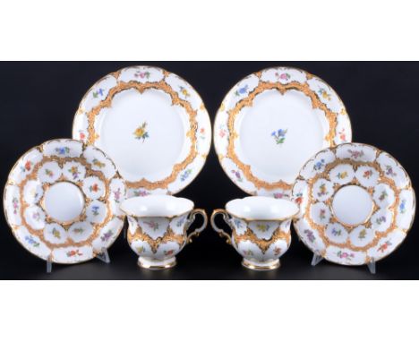 Meissen B-Form Streublümchen 2 Kaffeegedecke 1.Wahl, splendor coffee cups 1st choice,6-teiliges Porzellan, blaue Schwertermar
