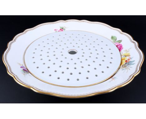 Meissen A-Kante Goldrand Blumenbukett große runde Platte mit Abtropfplatte 1. Wahl, 1860-1924, large round platter with drain
