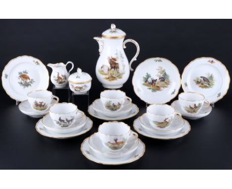 Meissen Wildmalerei nach Ridinger Kaffeeservice für 6 Personen 1.Wahl, coffee service for 6 pers. 1st choice,22-teiliges Porz