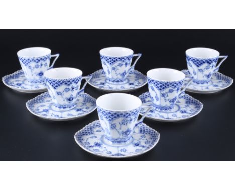 Royal Copenhagen Musselmalet Vollspitze 6 Kaffeetassen 1036, full lace coffee cups with saucers 1st choice, Porzellan, Dänema