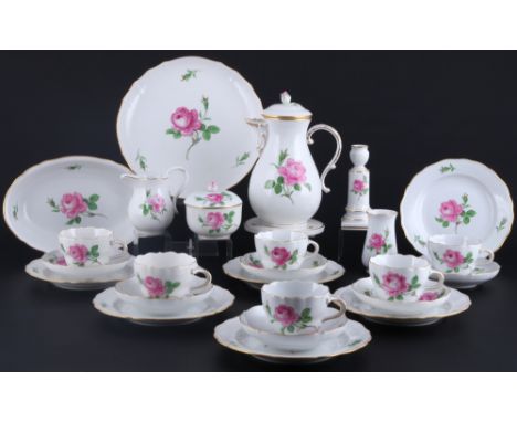 Meissen Rote Rose Kaffeeservice für 6 Personen, coffee service for 6 pers.,26-teiliges Porzellan, blaue Schwertermarke mit zw