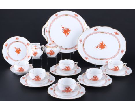 Herend AOG Apponyi Orange Teeset für 6 Personen, tea set for 6 pers.,22-teiliges Porzellan, Ungarn 20. Jahrhundert, blaue Bod