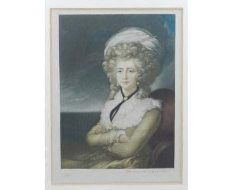 An Edwardian period framed hand colour engraving print of a portrait of a seated lady, signed 'Edmund Wardle', signed lower r