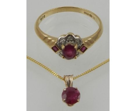 A 9 carat yellow gold, diamond, and ruby halo cluster ring, together with a 9 carat yellow gold and ruby pendant, suspended o