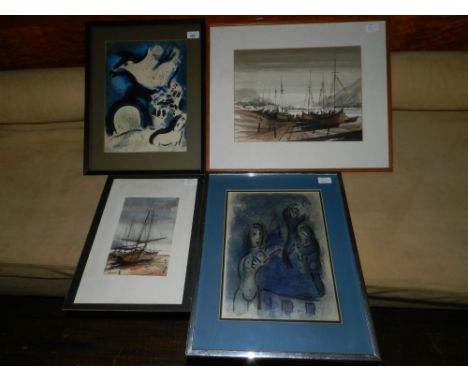 After Marc Chagall, abstract study, coloured print, unsigned, together with one other similar print and two shipping watercol