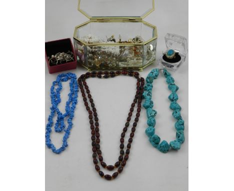 A quantity of costume jewellery, to include various necklaces, earrings, a turquoise style neck lace and ring, a pearl neckla