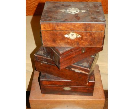 Four various mahogany boxes, to include mother of pearl inlaid oak cutlery canteen.