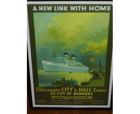 A reproduction lithograph for City & Hall shipping lines, 'SS City of Benares' 75 x 53cm.