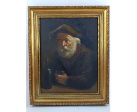 A 20th century portrait of an elderly man smoking and drinking, signed lower right, in a carved giltwood frame. H: 34cm W: 26
